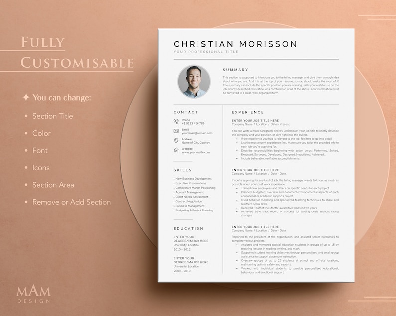 May include: A resume template with a modern design. The template includes sections for contact information, skills, experience, and education. The template is fully customizable and can be used to create a professional resume.