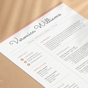 May include: A resume template with a pink and white colour scheme. The template includes sections for contact information, summary, education, experience, and skills. The text "Veronica Williams" is at the top of the page.