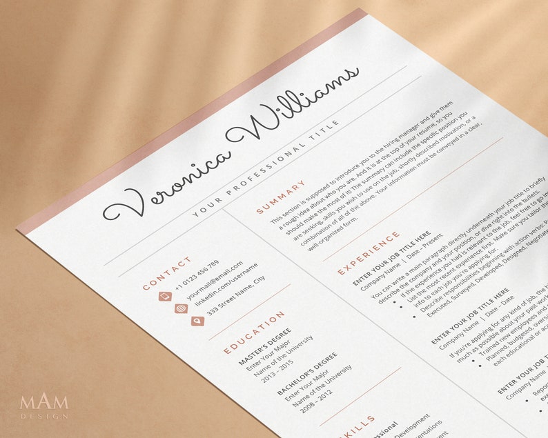 May include: A resume template with a pink and white colour scheme. The template includes sections for contact information, summary, education, experience, and skills. The text "Veronica Williams" is at the top of the page.