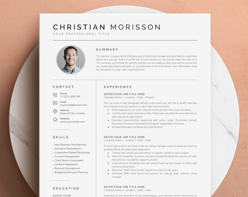 May include: A resume template with a professional headshot, contact information, skills, experience, and education sections. The template is designed to help job seekers create a visually appealing and informative resume.