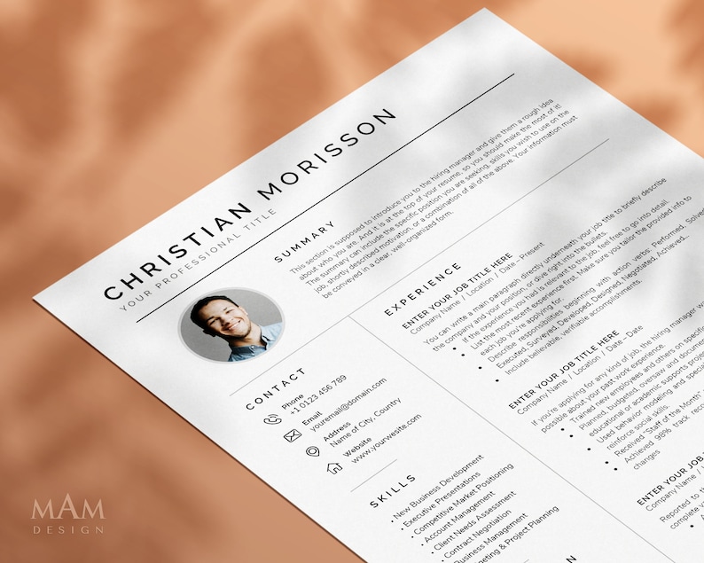 May include: A black and white resume template with a headshot of a man. The resume includes contact information, a summary, skills, and experience sections. The text "ENTER YOUR JOB TITLE HERE" is repeated throughout the document.
