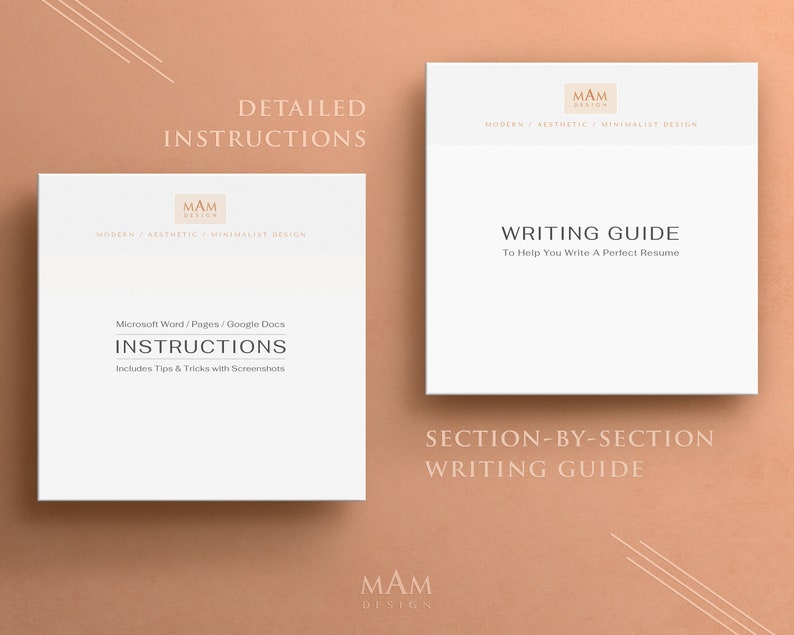 Peut inclure: Deux cartes blanches avec un design minimaliste esth&eacute;tique moderne. La carte du haut porte le texte "INSTRUCTIONS D&Eacute;TAILL&Eacute;ES" et la carte du bas porte le texte "MAM DESIGN". La carte du milieu porte le texte "GUIDE D'&Eacute;CRITURE Pour vous aider &agrave; r&eacute;diger un CV parfait" et le texte "GUIDE D'&Eacute;CRITURE PAR SECTION".
