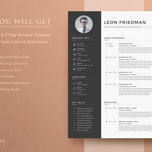 Peut inclure: Un mod&egrave;le de CV noir et blanc avec une photo d'un homme en costume. Le CV comprend des sections pour les informations personnelles, l'exp&eacute;rience professionnelle, l'&eacute;ducation et les comp&eacute;tences cl&eacute;s. Le texte "LEON FRIEDMAN" est en haut du CV.