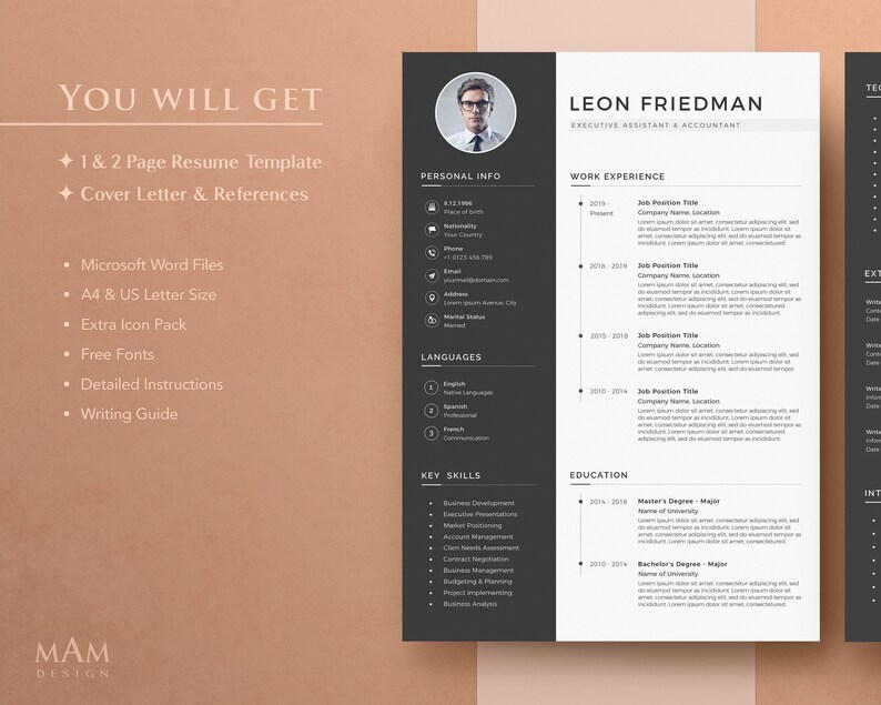 Peut inclure: Un mod&egrave;le de CV noir et blanc avec une photo d'un homme en costume. Le CV comprend des sections pour les informations personnelles, l'exp&eacute;rience professionnelle, l'&eacute;ducation et les comp&eacute;tences cl&eacute;s. Le texte "LEON FRIEDMAN" est en haut du CV.