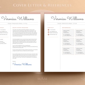 May include: A cover letter and references template with a pink and brown colour scheme. The template includes contact information, a cover letter, and a section for references. The text "Veronica Williams" appears at the top of the document.