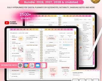 May include: An all-in-one digital planner bundle for 2026, 2027, 2028, and undated use. The planner features hyperlinked PDF pages, 2500+ stickers, and 4 daily and weekly layout options. It is compatible with GoodNotes, Notability, and Samsung Notes.