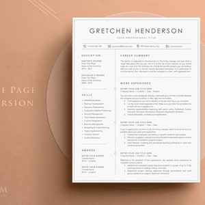 May include: A professional resume template with a clean, modern design. The resume features sections for education, skills, work experience, and awards. The text "GRETCHEN HENDERSON" is at the top, with "ONE PAGE VERSION" on the left.