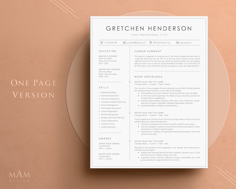 May include: A professional resume template with a clean, modern design. The resume features sections for education, skills, work experience, and awards. The text "GRETCHEN HENDERSON" is at the top, with "ONE PAGE VERSION" on the left.