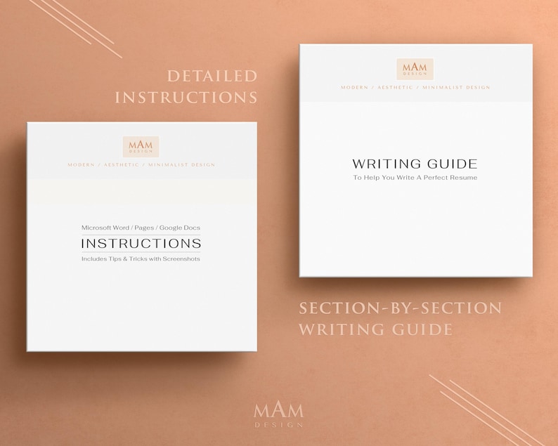 May include: A white resume writing guide with the title "Writing Guide" and the text "To Help You Write A Perfect Resume". The guide also includes the text "Section-by-Section Writing Guide" and the logo "MAM Designs".