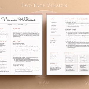 May include: A two-page CV template with a pink and white colour scheme. The CV is for Veronica Williams and includes sections for contact information, summary, skills, work experience, education, extra, languages, references, and interests.