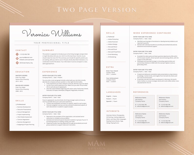 May include: A two-page CV template with a pink and white colour scheme. The CV is for Veronica Williams and includes sections for contact information, summary, skills, work experience, education, extra, languages, references, and interests.