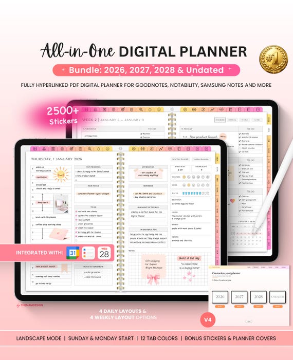 Digital Planner Bundle: 2026 2027 2028 & Undated, All-in-One Digital Planner for iPad and Tablets, Goodnotes Planner, Aesthetic Planner