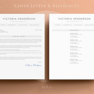 May include: A cover letter and references page for Victoria Henderson, a professional with contact information and a professional title. The cover letter is addressed to Mr. Jacob and includes a signature. The references page lists four references with their names, job titles, company names, phone numbers, and email addresses.