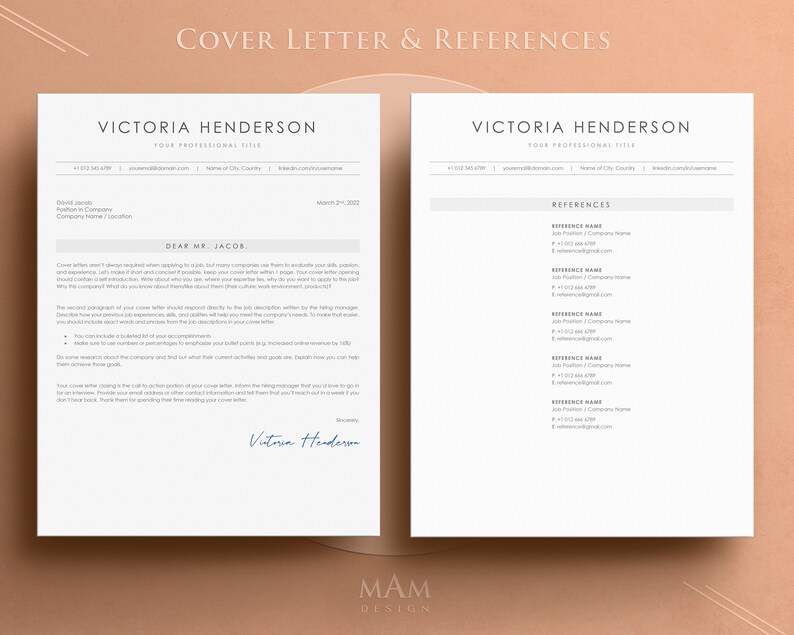 May include: A cover letter and references page for Victoria Henderson, a professional with contact information and a professional title. The cover letter is addressed to Mr. Jacob and includes a signature. The references page lists four references with their names, job titles, company names, phone numbers, and email addresses.