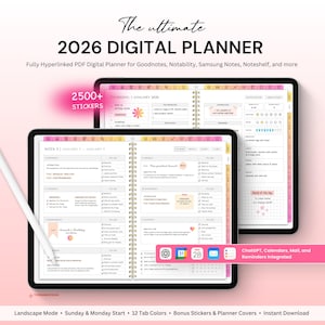 Può includere: Due tablet mostrano un'agenda digitale per il 2026. L'agenda ha un design rosa e bianco, con il testo "2026 DIGITAL PLANNER" in alto. L'immagine include il testo "2500+ STICKERS" e "ChatGPT, Calendars, Mail, and Reminders integrated."