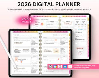 2026 Digital Planner for Goodnotes, Notability, Noteshelf, Samsung Notes, Xodo, Note+