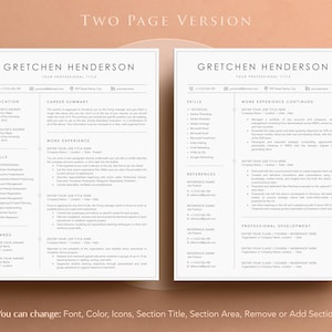 May include: A two-page resume template with a clean, minimalist design. The resume features sections for education, skills, work experience, and references. The text "GRETCHEN HENDERSON" is at the top. The text "TWO PAGE VERSION" is at the top.