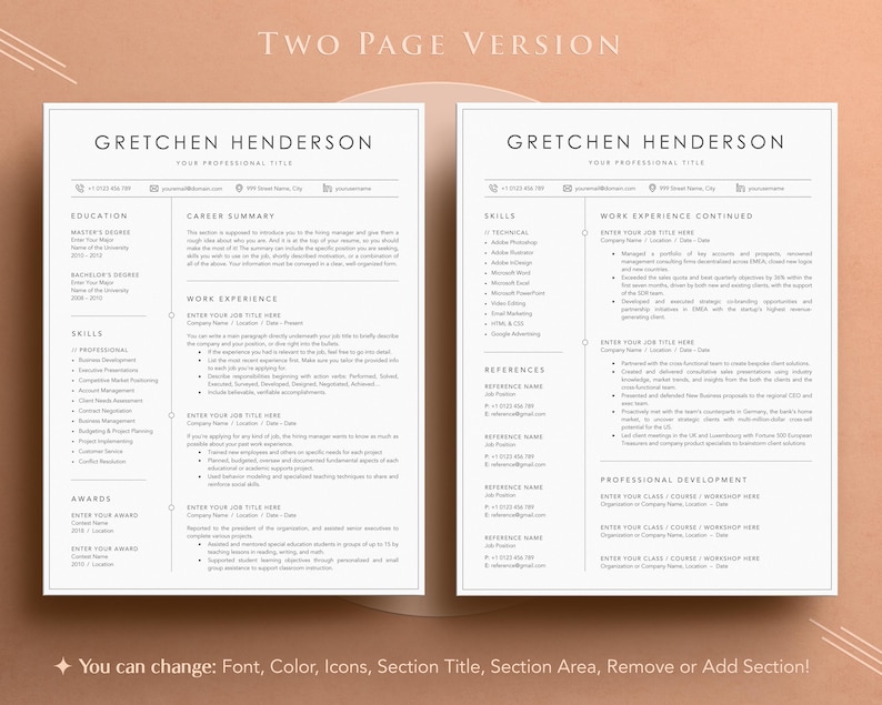May include: A two-page resume template with a clean, minimalist design. The resume features sections for education, skills, work experience, and references. The text "GRETCHEN HENDERSON" is at the top. The text "TWO PAGE VERSION" is at the top.