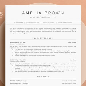 May include: A resume template with the title "Amelia Brown" and the heading "Work Experience". The template includes sections for entering job titles, company names, locations, dates, and descriptions of work experience.