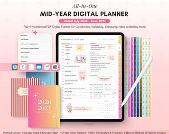 2026-2027 Mid Year Digital Planner, Portrait Layout, Aesthetic Digital Planner for Goodnotes, Notability, Samsung Notes