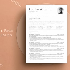 May include: A black and white resume template featuring a professional headshot of a woman. The resume includes a professional summary, work experience, and skills sections. The text on the resume is in a simple, modern font.