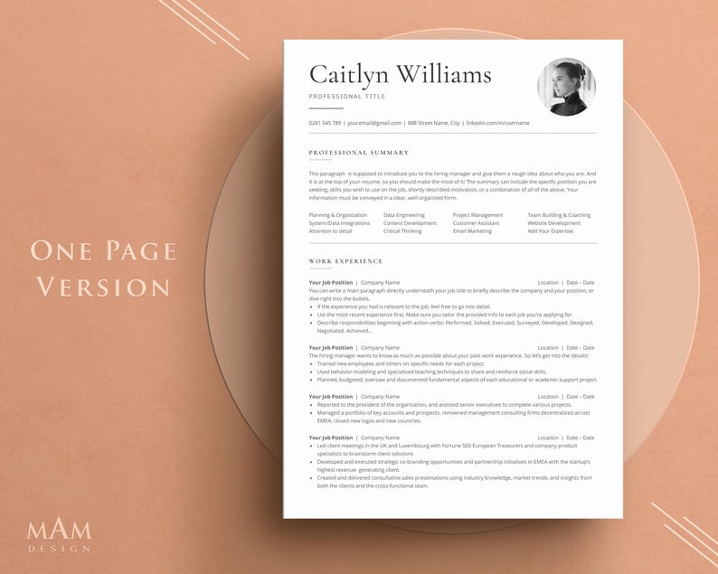 May include: A black and white resume template featuring a professional headshot of a woman. The resume includes a professional summary, work experience, and skills sections. The text on the resume is in a simple, modern font.