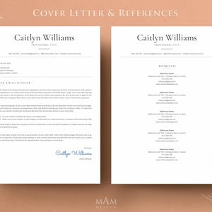 May include: A black and white cover letter and references template with the name Caitlyn Williams at the top of each page. The cover letter provides tips for writing a cover letter and the references page includes a list of references with their contact information.