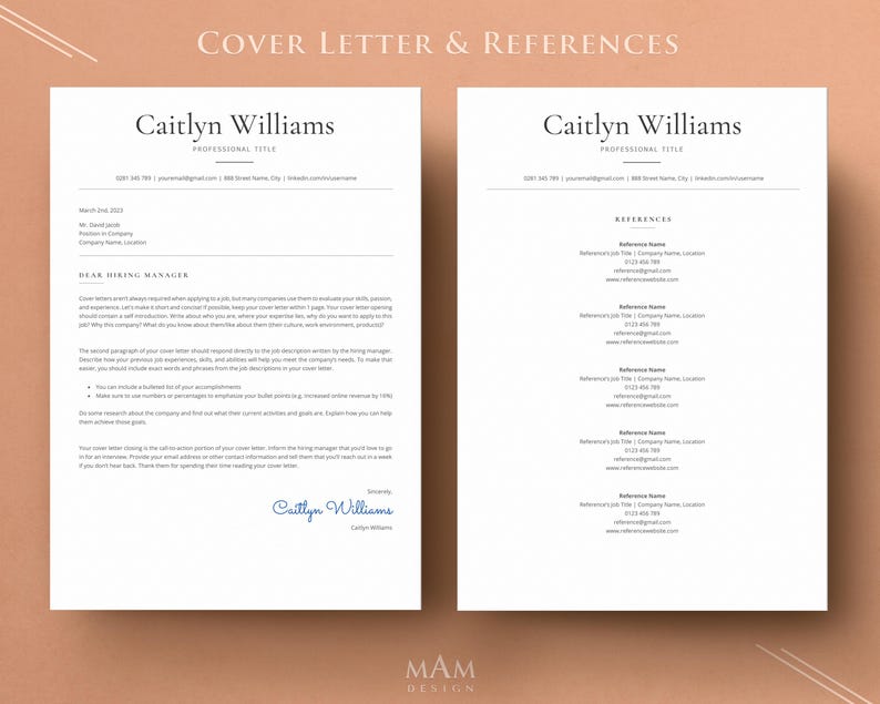 May include: A black and white cover letter and references template with the name Caitlyn Williams at the top of each page. The cover letter provides tips for writing a cover letter and the references page includes a list of references with their contact information.