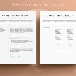 May include: A black and white cover letter and references template with the name Christian Morrison at the top of each page. The cover letter includes a sample letter to a hiring manager, and the references page includes a list of references with their contact information.