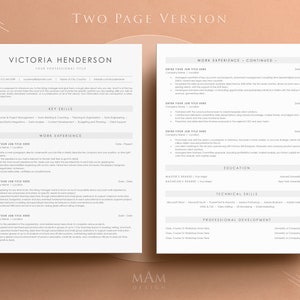 May include: A two-page resume template with a modern design. The resume is for Victoria Henderson, who lists her professional title, key skills, work experience, education, technical skills, and professional development. The resume is in a light gray color scheme with a subtle peach background.