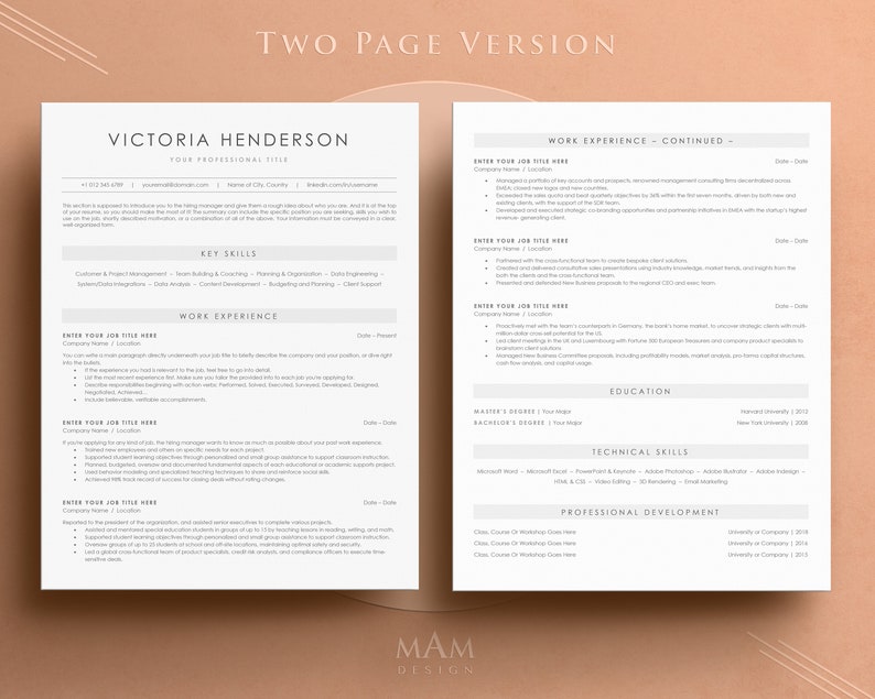 May include: A two-page resume template with a modern design. The resume is for Victoria Henderson, who lists her professional title, key skills, work experience, education, technical skills, and professional development. The resume is in a light gray color scheme with a subtle peach background.