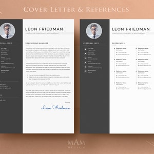 Peut inclure: Un mod&egrave;le de lettre de motivation et de r&eacute;f&eacute;rences en noir et blanc pour Leon Friedman, assistant ex&eacute;cutif et comptable. La lettre de motivation comprend une section pour les informations personnelles et une section pour une lettre &agrave; l'attention du responsable du recrutement. La page des r&eacute;f&eacute;rences comprend une section pour les informations personnelles et une section pour les r&eacute;f&eacute;rences.