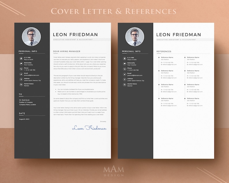 Peut inclure: Un mod&egrave;le de lettre de motivation et de r&eacute;f&eacute;rences en noir et blanc pour Leon Friedman, assistant ex&eacute;cutif et comptable. La lettre de motivation comprend une section pour les informations personnelles et une section pour une lettre &agrave; l'attention du responsable du recrutement. La page des r&eacute;f&eacute;rences comprend une section pour les informations personnelles et une section pour les r&eacute;f&eacute;rences.