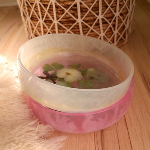 May include: Two clear resin bowls, one nested inside the other. The top bowl is filled with water and has pressed flowers and leaves inside. The bottom bowl is pink.