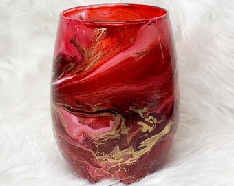 Hand Painted Wine Glasses - Red Drinking Glasses - Stemless Wine Glasses -Red and Gold Cocktail Glasses -Unique Barware