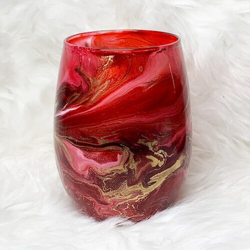 Hand Painted Wine Glasses - Red Drinking Glasses - Stemless Wine Glasses -Red and Gold Cocktail Glasses -Unique Barware