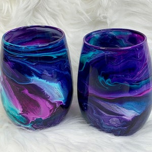 Stemless Wine Glasses, Teal and Purple Housewarming Gift, Unique Couple Wedding Gift, Bride and Groom Glasses, Bridesmaid Wine Glass Gifts image 2