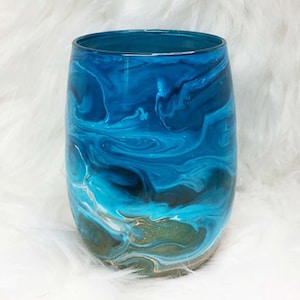 Beach Themed Stemless Wine Glasses - Hand Painted, Coastal Cowgirl Decor, Ocean Resin Art, Unique Wedding Gift