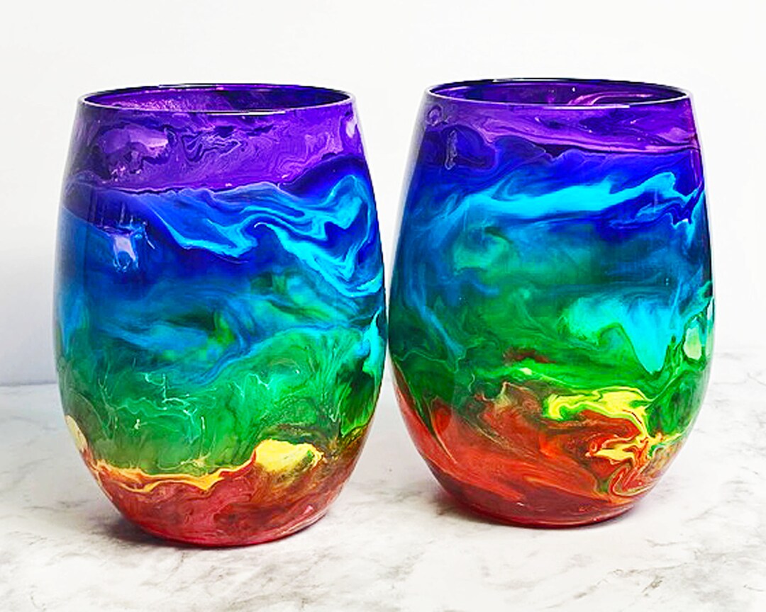 Hand Painted Rainbow Wine Glasses, Resin Art, Stemless Wine Glasses