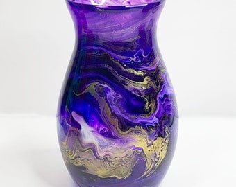 Purple and Gold Hand Painted Glass Vase, Colorful Mantel Decor, Flower Vase, Vase for Bouquet, Table Centerpiece, Purple Accent Piece