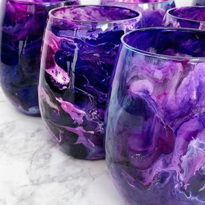 Purple Galaxy Hand Painted Resin Art Stemless Wine Glasses, Unique Barware, Birthday Gift, Wedding Gift, Bridesmaid Gifts, Hostess Gifts image 6