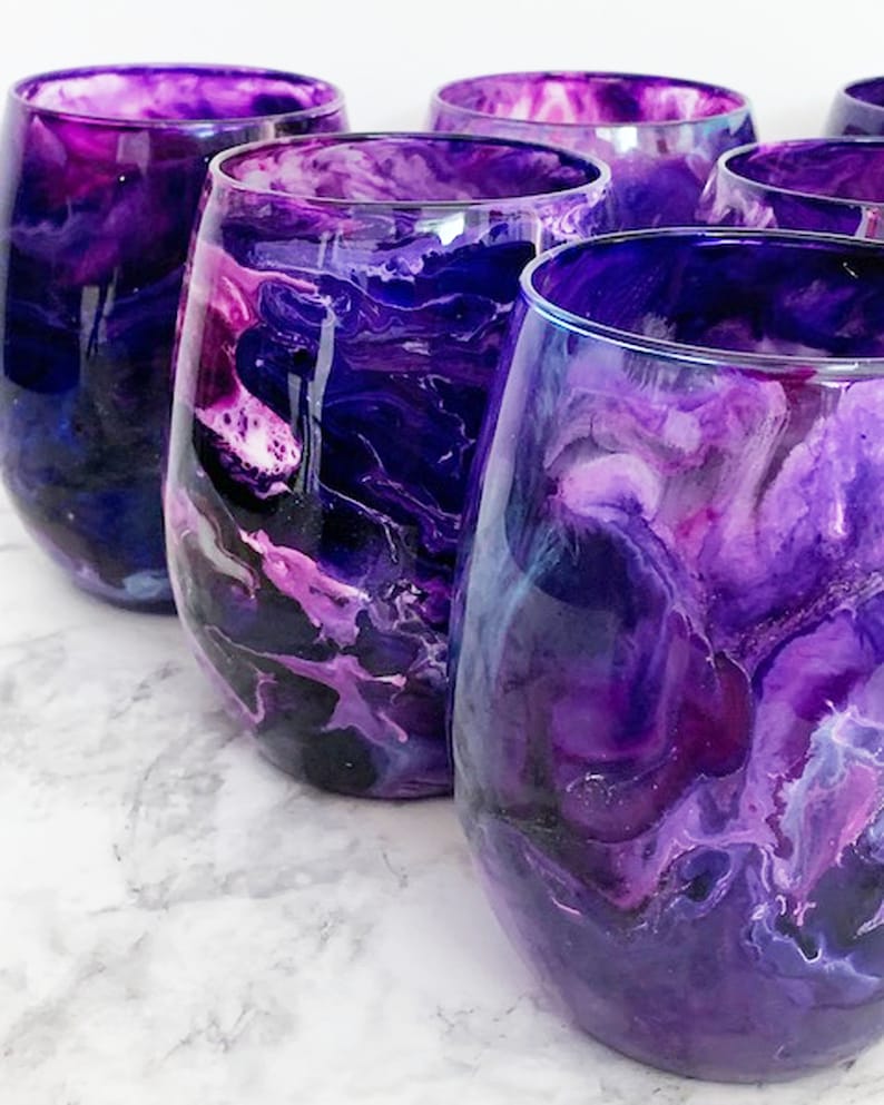 Purple Galaxy Hand Painted Resin Art Stemless Wine Glasses, Unique Barware, Birthday Gift, Wedding Gift, Bridesmaid Gifts, Hostess Gifts image 6