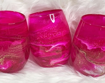 Neon Pink Stemless Wine Glasses, Hand Painted Wine Glasses, Pink Drink Ware, Hot Pink Drinking Glasses, Magenta Cocktail Glasses