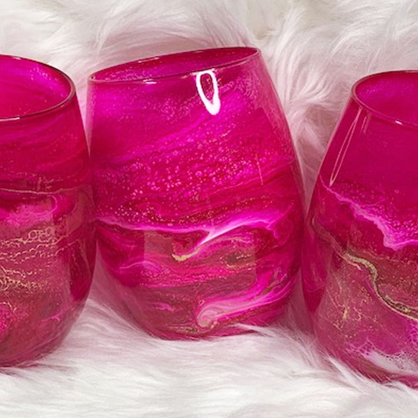 Neon Pink Stemless Wine Glasses, Hand Painted Wine Glasses, Pink Drink Ware, Hot Pink Drinking Glasses, Magenta Cocktail Glasses