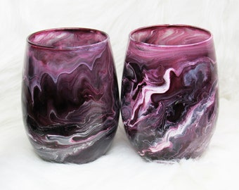 Black Cherry Hand Painted Resin Art Stemless Wine Glasses,  Jewel tone Decor, Resin Art, Alcohol Ink, Thank You Gift, Birthday Gift