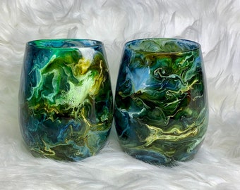 Stemless Wine Glasses, Hand Painted Wine Glasses, Forrest Green and Ocean Blue, Unique Wedding Gift, Bridesmaid Gifts, Colorful Barware