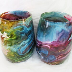 4 Stemless Wine Glasses, Four Hand Painted Wine Glasses, Colorful Barware, Dinner Party Glasses ...