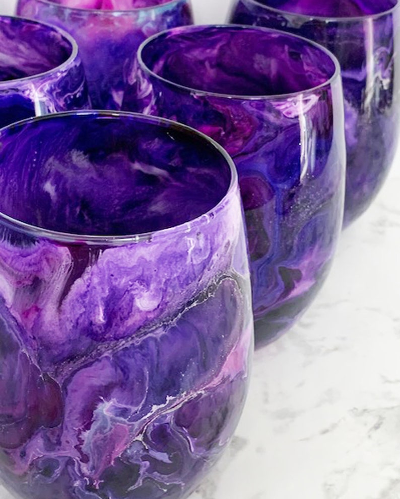 Purple Galaxy Hand Painted Resin Art Stemless Wine Glasses, Unique Barware, Birthday Gift, Wedding Gift, Bridesmaid Gifts, Hostess Gifts image 10