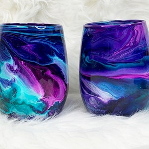 Stemless Wine Glasses, Teal and Purple Housewarming Gift, Unique Couple Wedding Gift, Bride and Groom Glasses, Bridesmaid Wine Glass Gifts image 1