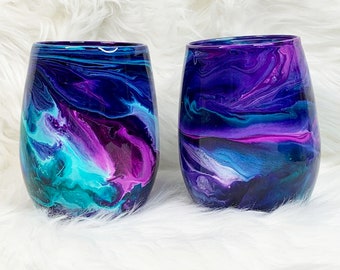 Stemless Wine Glasses, Teal and Purple Housewarming Gift, Unique Couple Wedding Gift, Bride and Groom Glasses, Bridesmaid Wine Glass Gifts